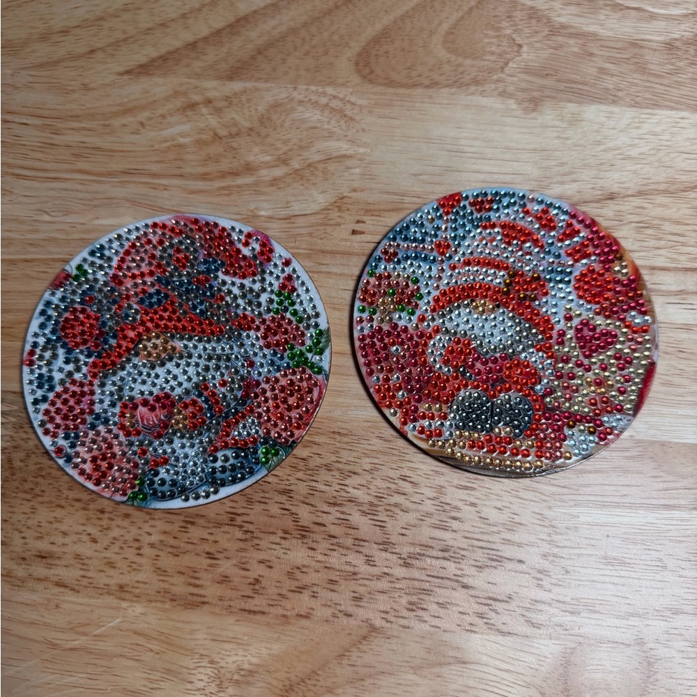 Hand Crafted Vibrant Valentine’s Day Gnome Rhinestone Coasters, set of 2